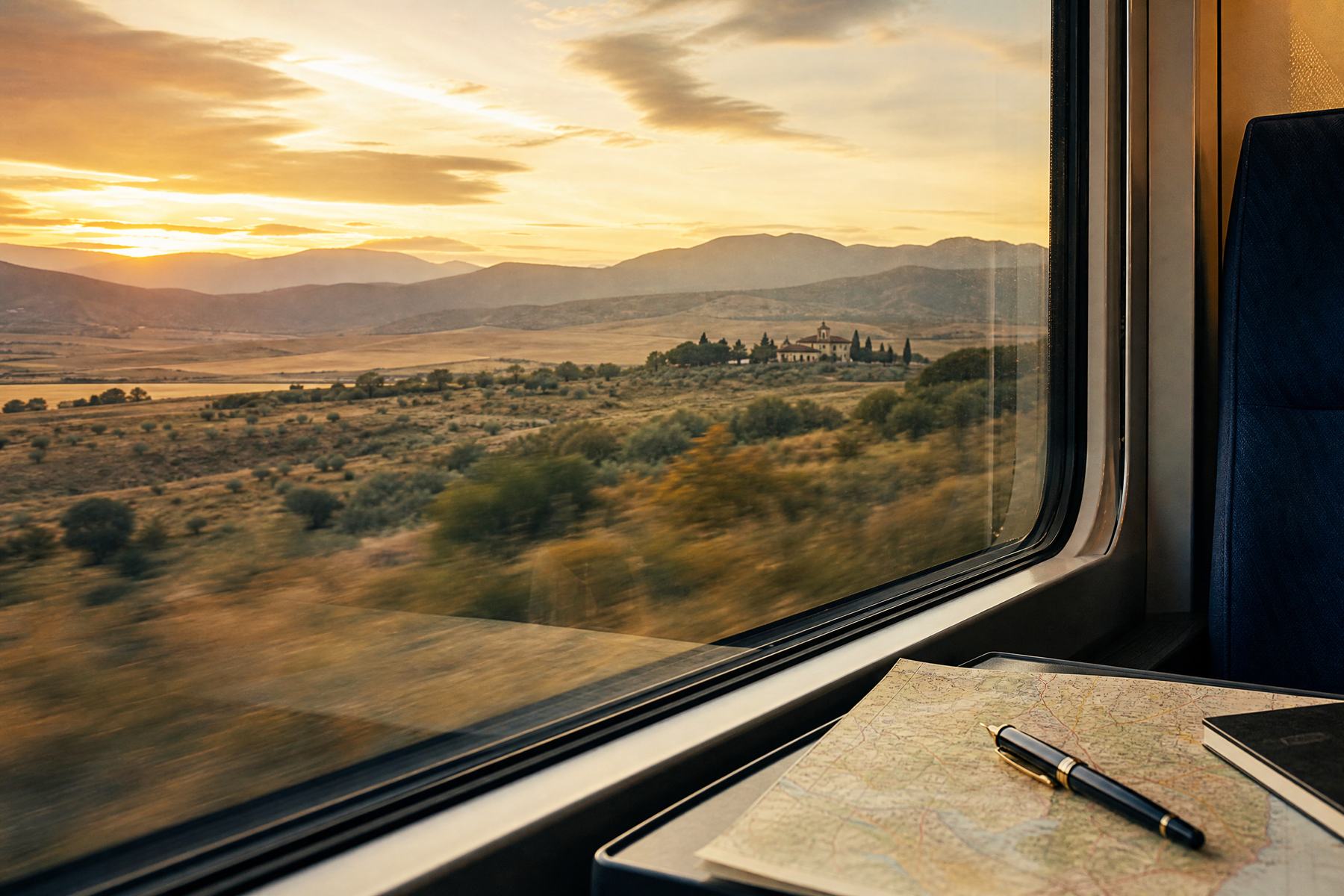Paisaje español desde la ventanilla de un tren